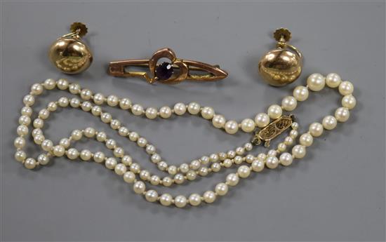 A pair of early 20th century 9ct gold ear screw clips (later mounts), a cultured pearl necklace and 9ct gold and gem set brooch.